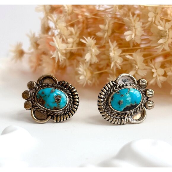 Taxco Jewelry - Turquoise Southwest Rope Designed Vintage Sterling Silver Native American Studs